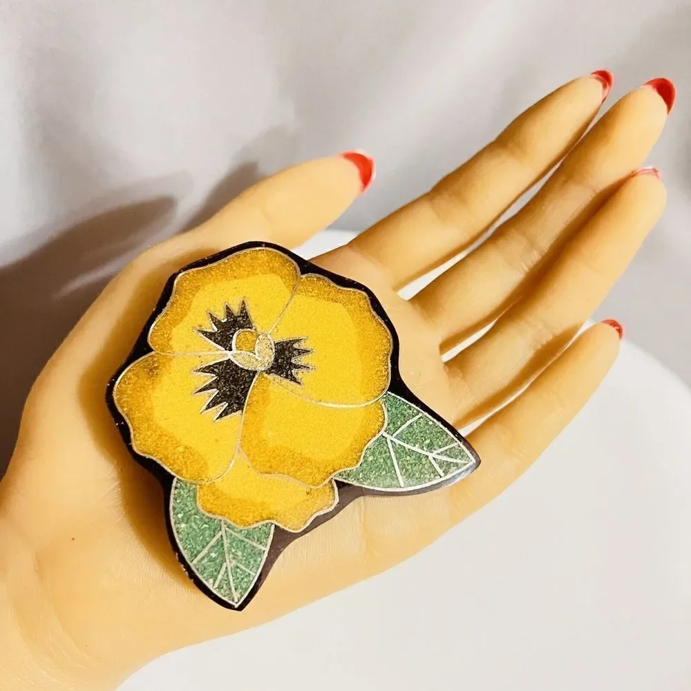 Vintage Pansy Inlay Brooch Yellow Green Silver Flower Floral Huge 2.75 4672